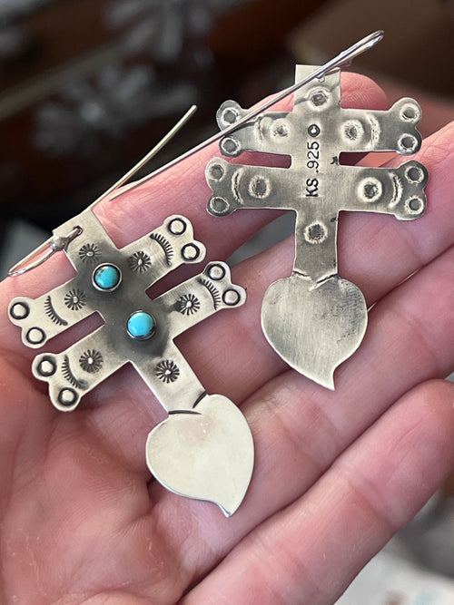 Hand Stamped Sterling Silver Dragonfly Cross Heart Dangle Earrings with Kingman Turquoise by Kimari Somers, Shaped Bars