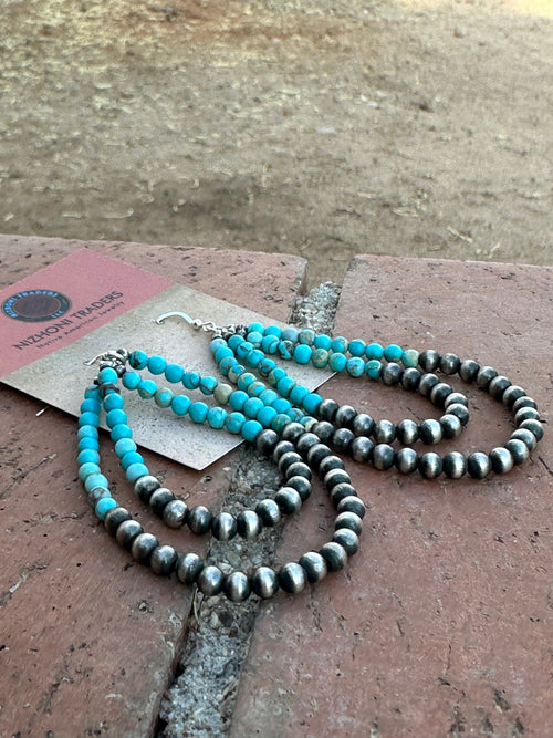 Navajo Turquoise & Sterling Silver Beaded Double Hoop Dangle Earrings