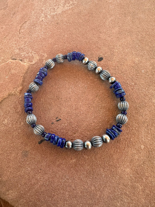 Handmade Lapis & Sterling Silver Beaded Stretch Bracelet