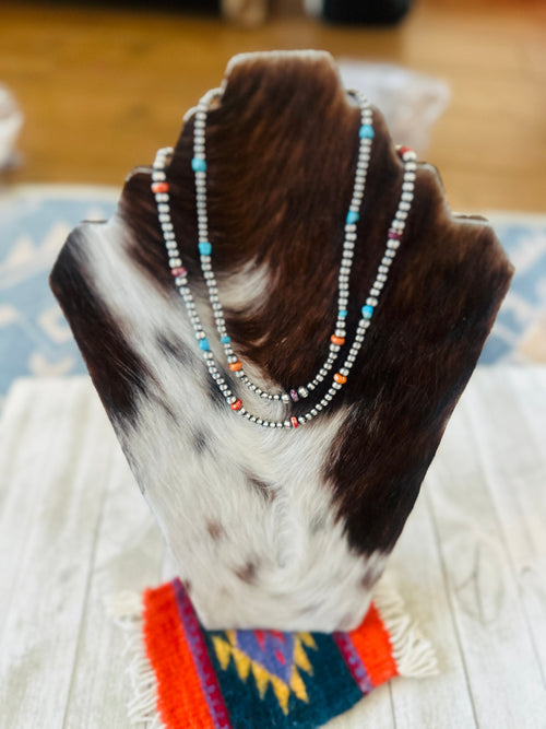 Navajo Sterling Silver, Spiny Oyster & Turquoise Beaded Necklace