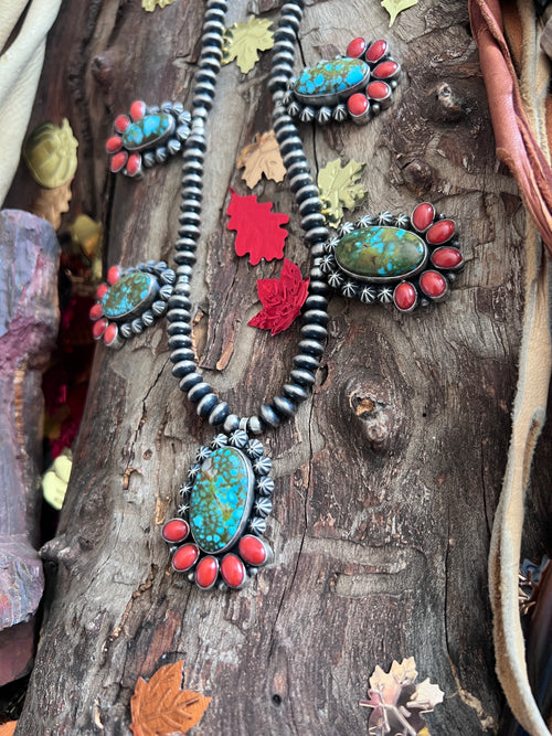 Taos Collection: Handcrafted Sterling Silver, Kingman Turquoise & Mediterranean Red Coral Beaded Necklace