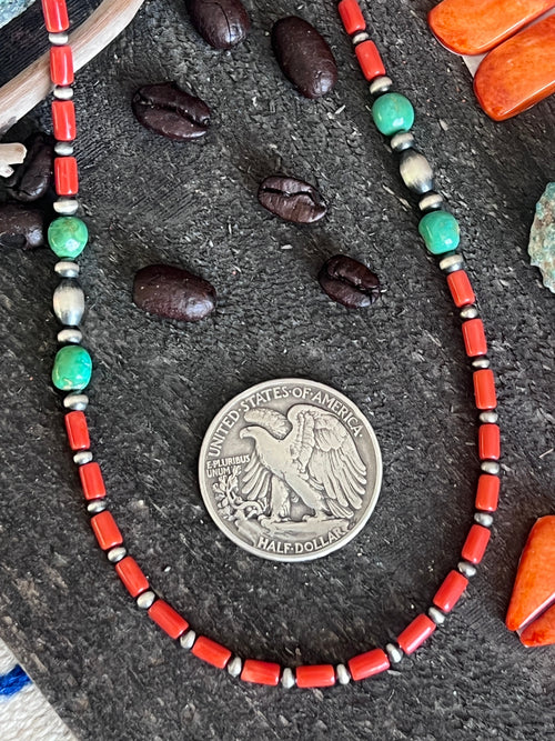 Bohemian Bliss Beaded Layering Necklace with Sterling Silver, Mediterranean Coral and Sonoran Gold Turquoise, 20” + 1-1/2”