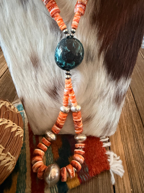 Handcrafted Orange Spiny Oyster, Turquoise & Sterling Silver Beaded Jacla Necklace