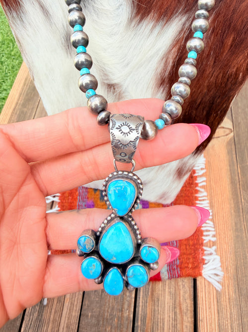 Handcrafted Turquoise & Sterling Silver Cluster Beaded Necklace by Bobby Johnson