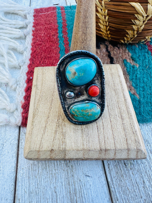 Old Pawn Navajo Sterling Silver, Turquoise & Coral Ring Size 11