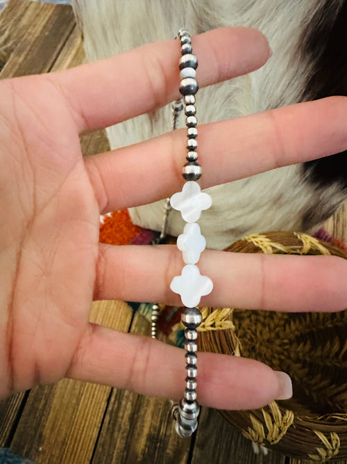 Handcrafted Mother of Pearl & Sterling Silver Pearl 18” Cross Beaded Necklace