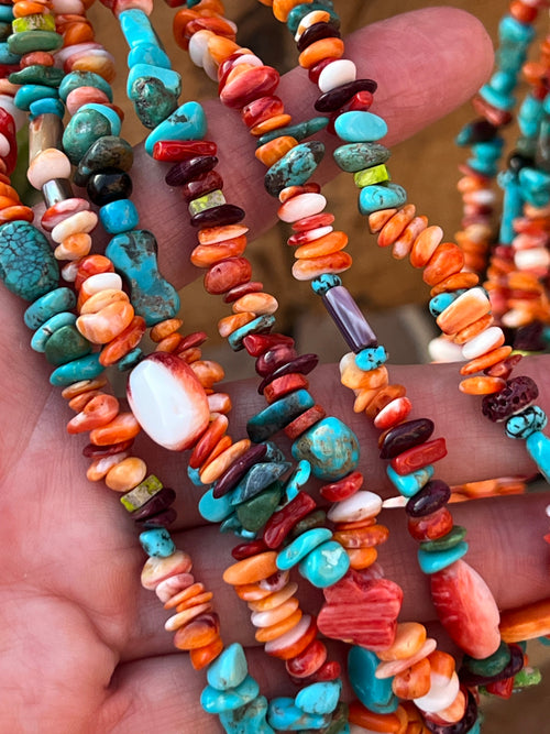 Gorgeous Navajo Made Six Strand Spiny Oyster and Turquoise Beaded Squaw Wrap Necklace with Spiny Oyster Tabs