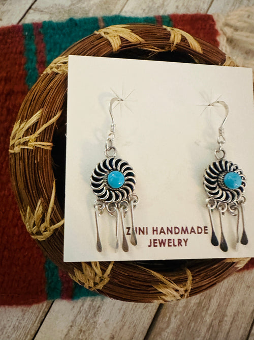 Zuni Turquoise & Sterling Silver Dangle Earrings Signed