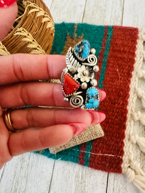 Old Pawn Navajo Sterling Silver, Turquoise & Coral Ring