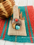 Old Pawn Navajo Sterling Silver, Turquoise & Coral Ring Size 11.5