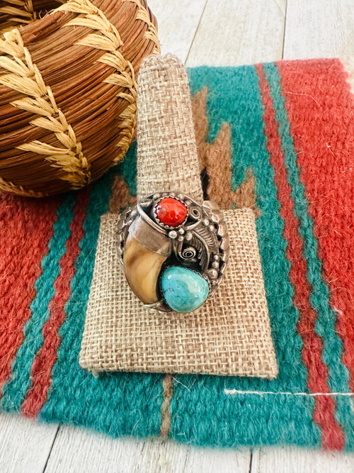 Old Pawn Navajo Sterling Silver, Turquoise & Coral Ring Size 11.5