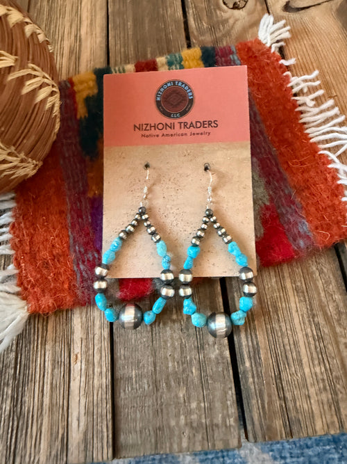 Handcrafted Turquoise & Sterling Silver Pearl Beaded Dangle Hoop Earrings