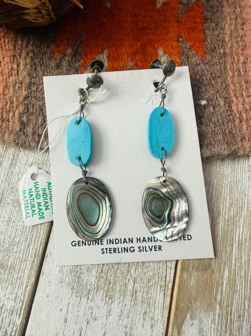 Old Pawn Navajo Turquoise & Abalone Dangle Earrings