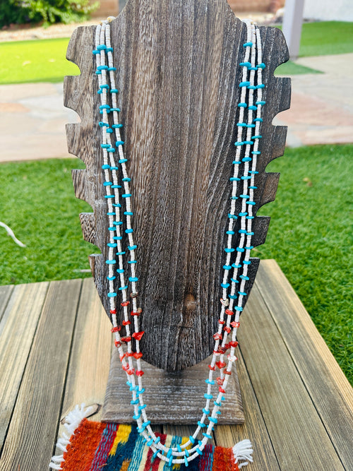Old Pawn Handcrafted Turquoise, Coral & Heishi  Beaded 36” Necklace