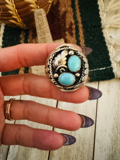 Old Pawn Handcrafted Turquoise & Sterling Silver Ring Size 10