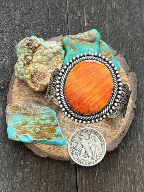 Navajo Hand Stamped Sterling Silver Split Cuff Bracelet with Spiny Oyster Shell by Murphy Platero