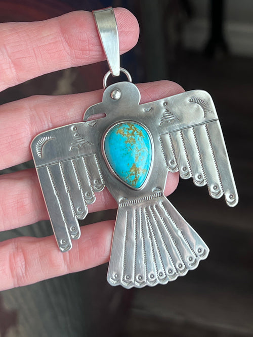 Kimari Somers Hand Stamped Sterling Silver & Kingman Turquoise Thunderbird Pendant 2
