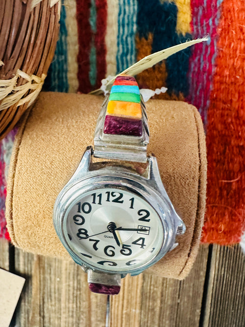 Handcrafted Old Pawn Multi Stone & Sterling Silver Inlay Watch