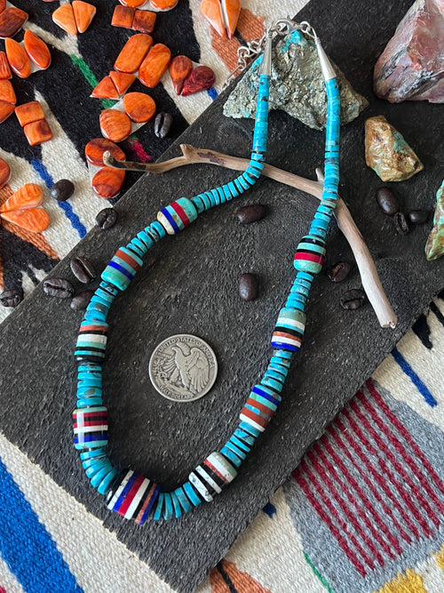 Ronald Chavez Handcrafted Turquoise Heishi Beaded Santo Domingo Necklace with Layered Barrel Bead Accents