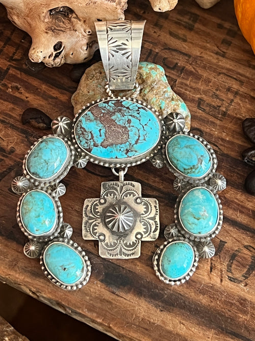 Apache Made Sterling Silver and Egyptian Turquoise Naja Pendant by Rosella Paxson