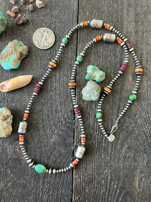 Navajo Electric Rainbow Sterling Silver, Turquoise and Spiny Oyster Single Strand Beaded Necklace by Rose Martin, 34 inches