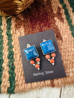 Old Pawn Navajo Sterling Silver, Lapis & Coral Dangle Earrings