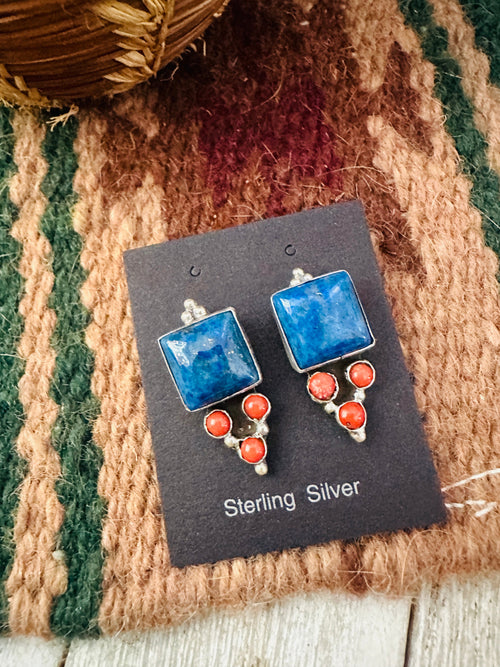 Old Pawn Navajo Sterling Silver, Lapis & Coral Dangle Earrings