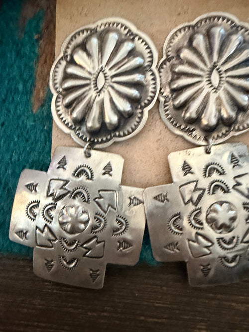Handcrafted Old Pawn Sterling Silver Concho Cross Dangle Earrings