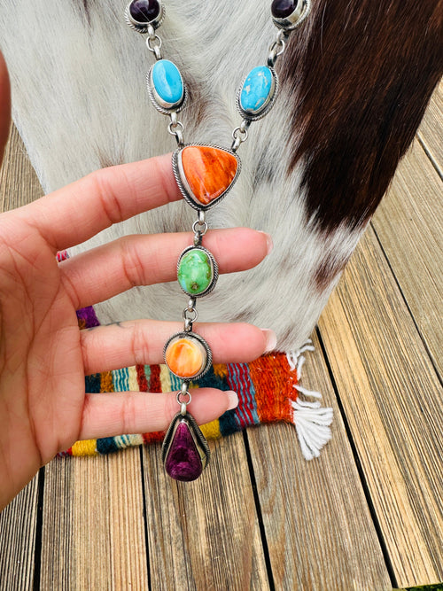 Handcrafted Turquoise, Spiny Oyster & Sterling Silver Electric Rainbow Lariat Necklace
