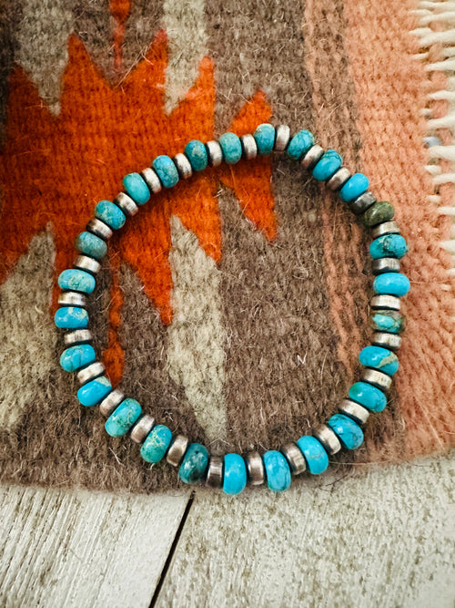 Navajo Turquoise & Sterling Silver Pearl Beaded Stretch Bracelet