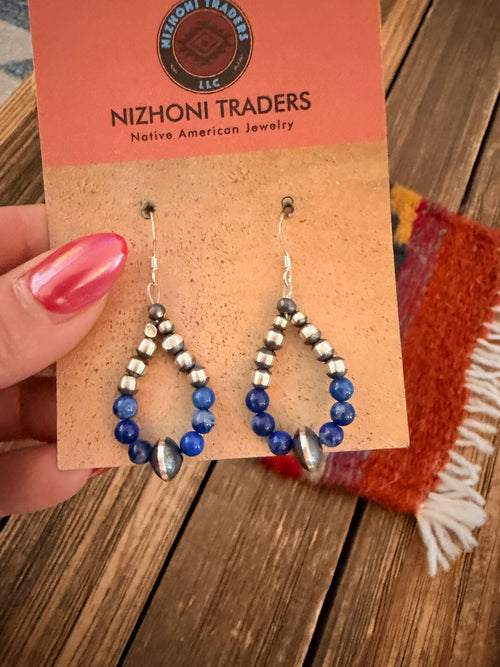 Handcrafted Lapis & Sterling Silver Pearl Beaded Dangle Hoop Earrings
