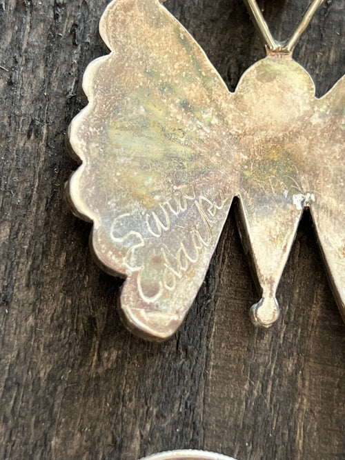 Vintage Zuni Sterling Silver, Turquoise, Spiny Oyster Shell and Jet Inlay Butterfly Pendant by Sara Edaakie