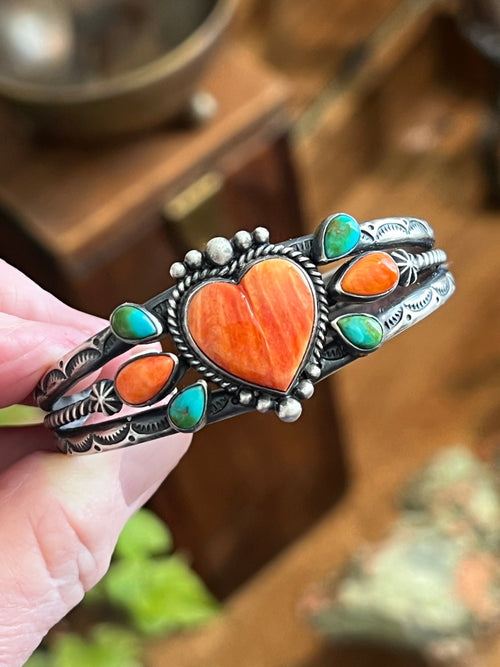 Handcrafted Split Sterling Silver, Sonoran Turquoise & Spiny Oyster Heart Cuff Bracelet by Diane Wylie