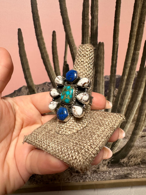 Beautiful Handmade Sonoran Mountain Turquoise, Wild Horse, Lapis And Sterling Silver Adjustable Ring