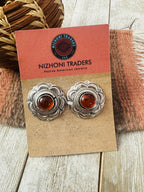 Old Pawn Navajo Sterling Silver & Amber Flower Post Earrings