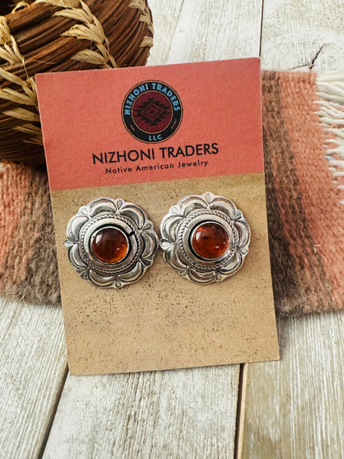 Old Pawn Navajo Sterling Silver & Amber Flower Post Earrings