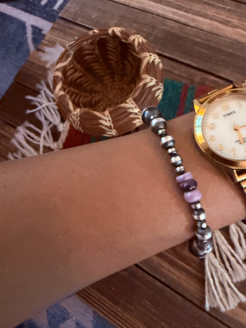 Handcrafted Wampum & Sterling Silver Pearl Beaded Bracelet