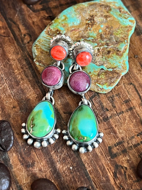 Navajo Made Sterling Silver Electric Rainbow Beaded Drop Charm Necklace & Earrings Set by Loretta Delgarito