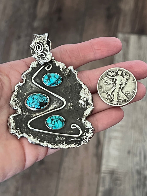 Vintage Artisan Sterling Silver and Turquoise Brutalist Style Pendant Signed Sandee Kelly