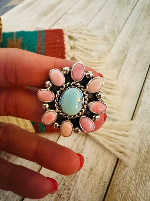 Navajo Sterling Silver, Queen Pink Conch & Turquoise Cluster Adjustable Ring