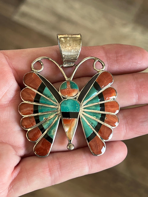 Vintage Zuni Sterling Silver, Turquoise, Spiny Oyster Shell and Jet Inlay Butterfly Pendant by Sara Edaakie