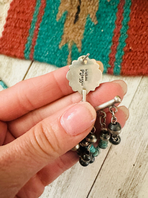 Navajo Turquoise & Sterling Silver Pearl Beaded Tassel Dangle Earrings