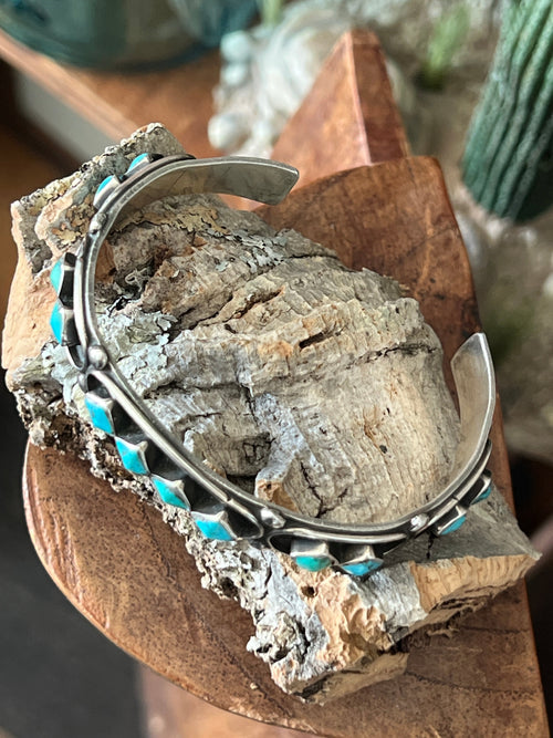 Vintage Zuni Sterling Silver and Four Diamond Turquoise Panel Stacker Cuff Bracelet