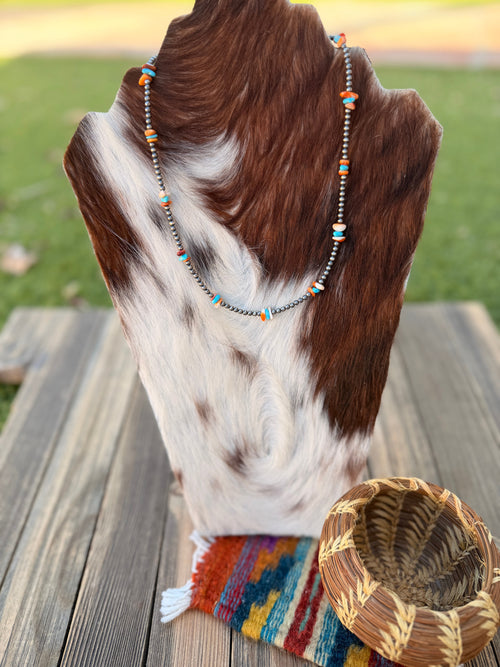 Handcrafted Turquoise, Spiny & Sterling Silver Pearl 18” Beaded Necklace