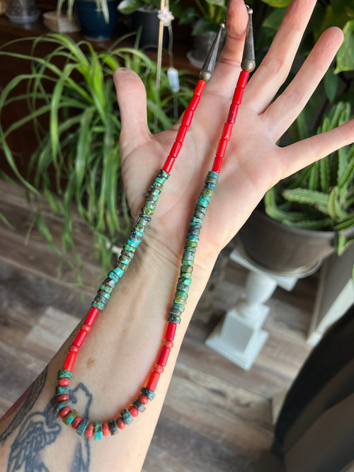 Navajo Hubei Turquoise Beaded Necklace with Sterling Silver and Bamboo Coral by Kirby Smith: 13 To Choose From!