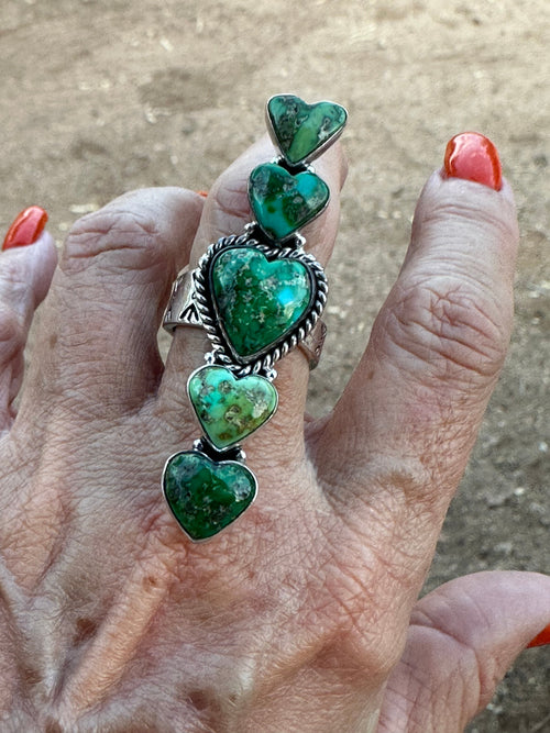 Beautiful Handmade Heart 5 Stone Sonoran Turquoise And Sterling Silver Adjustable Ring