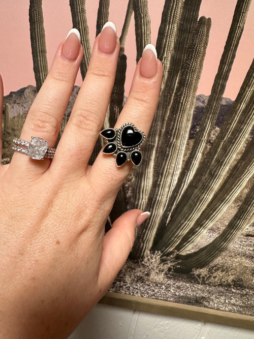 Beautiful Handmade Onyx And Sterling Silver Adjustable Heart Ring