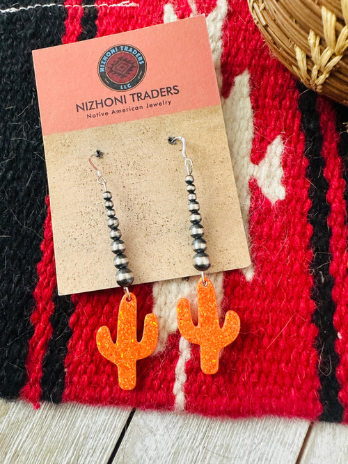 Summer Lovin’ Navajo Sterling Silver Pearl Beaded Opal Cactus Dangle Earrings