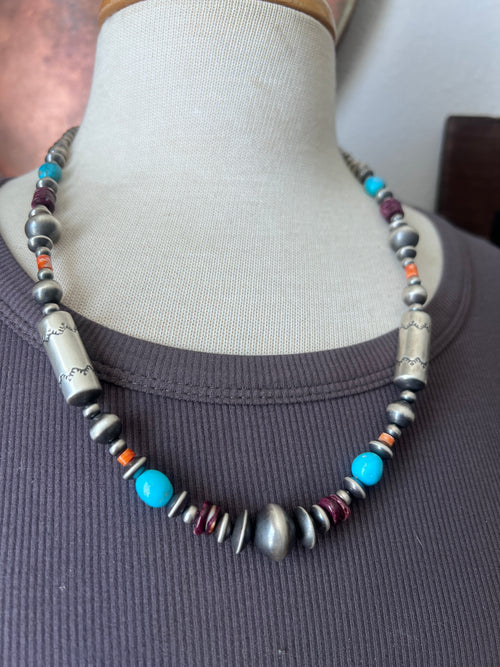 Rose Martin Electric Rainbow Sterling Silver, Turquoise and Spiny Oyster Single Strand Beaded Necklace, 24 + 1-1/2 inches