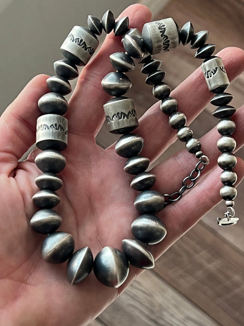 Navajo Sterling Silver Single Strand Beaded Statement Necklace by Rose Martin, 20” + 2”